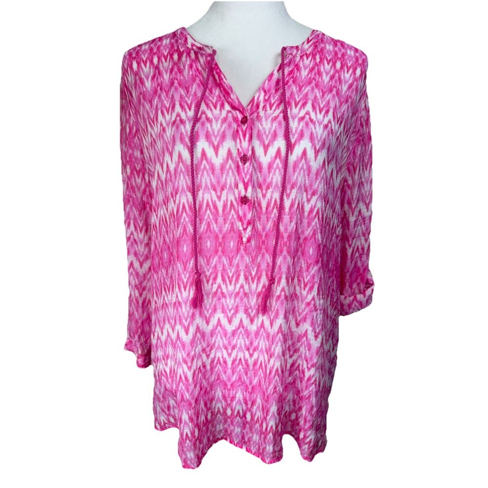 Grand & Greene Blouse Tunic Top S V-Neck Pink Semi-Sheer Beach Lightweight